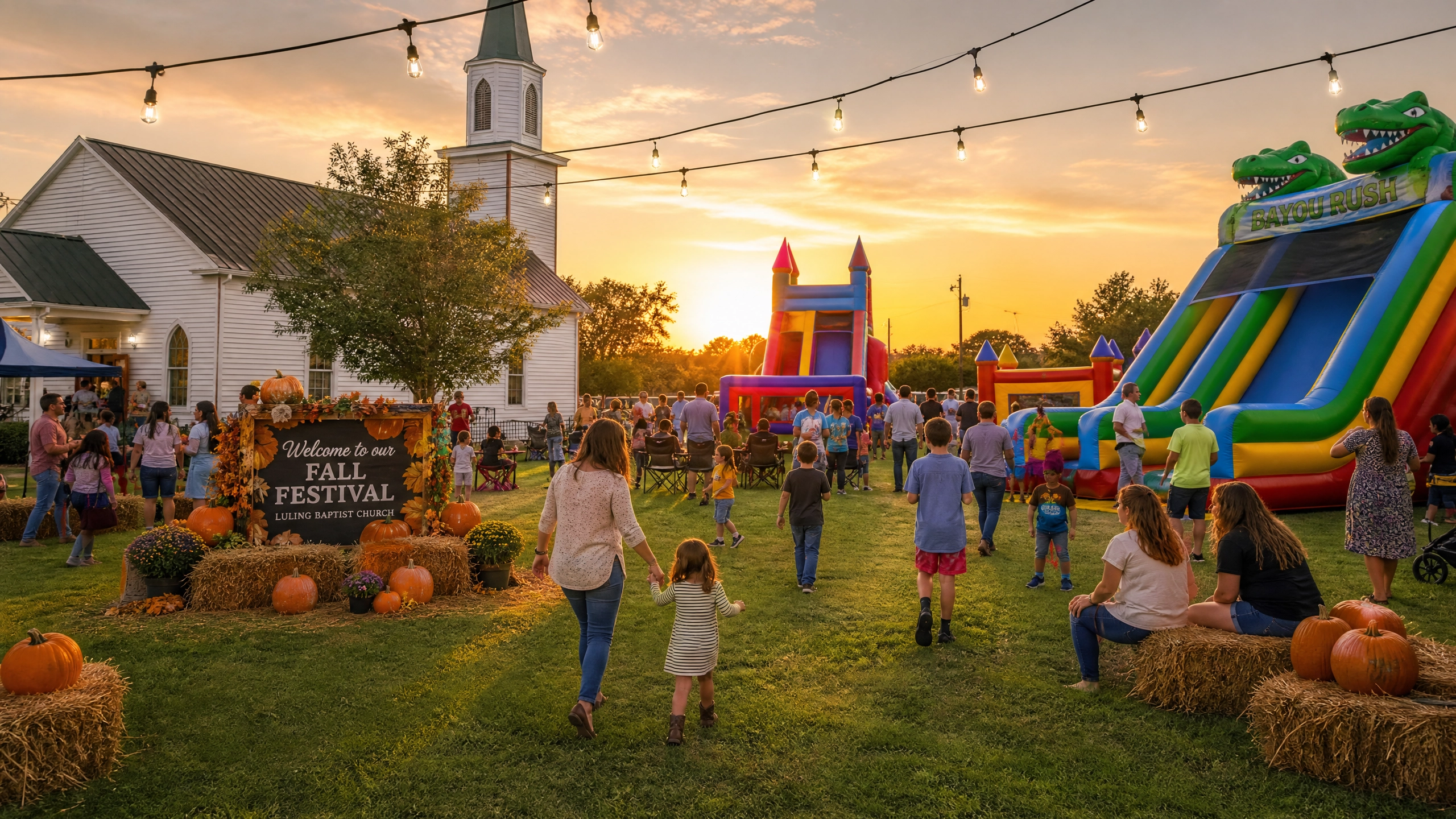 Church fall festival with bounce houses and inflatable slides at sunset