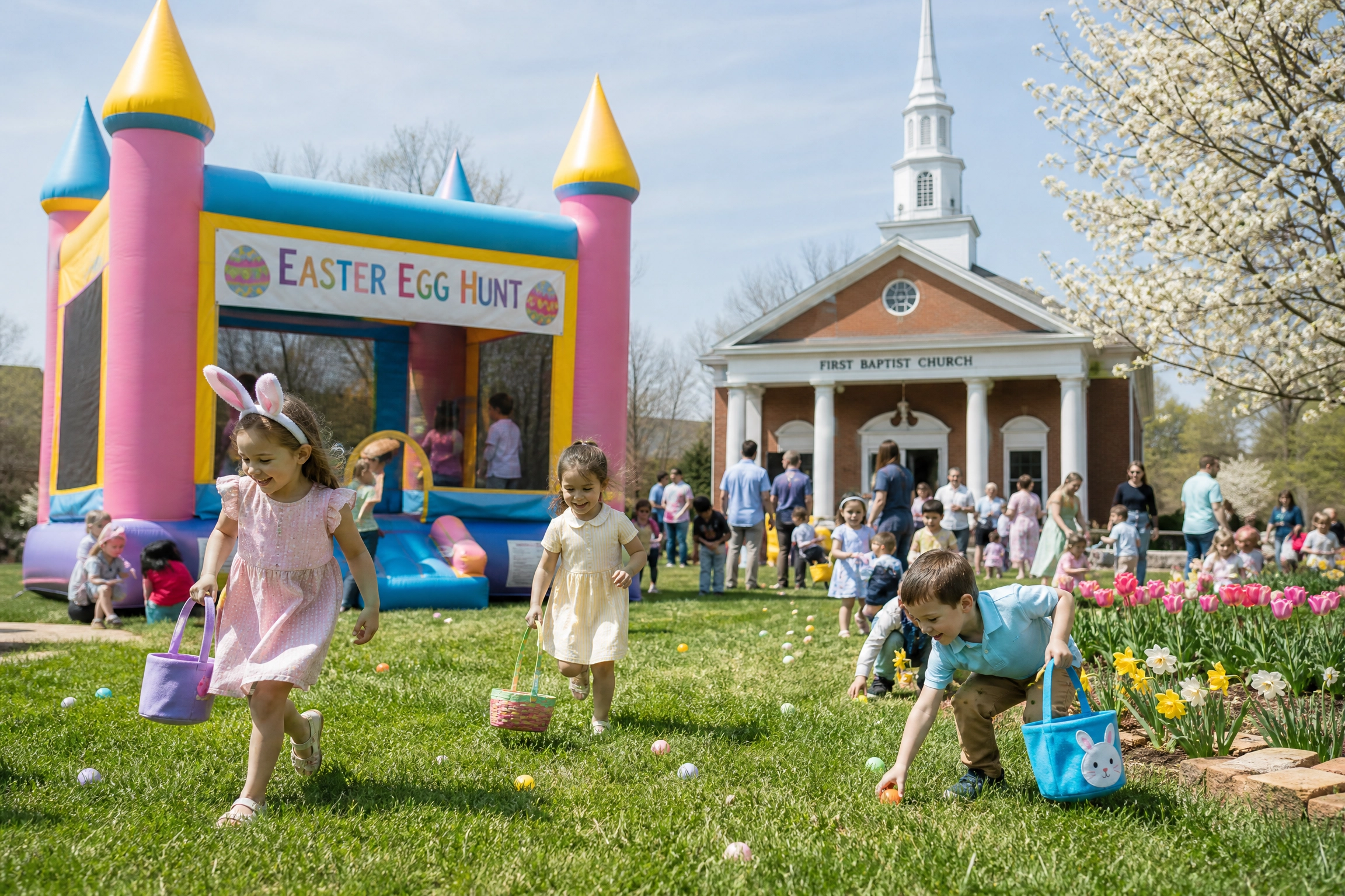 Church Easter egg hunt with colorful bounce house on green lawn