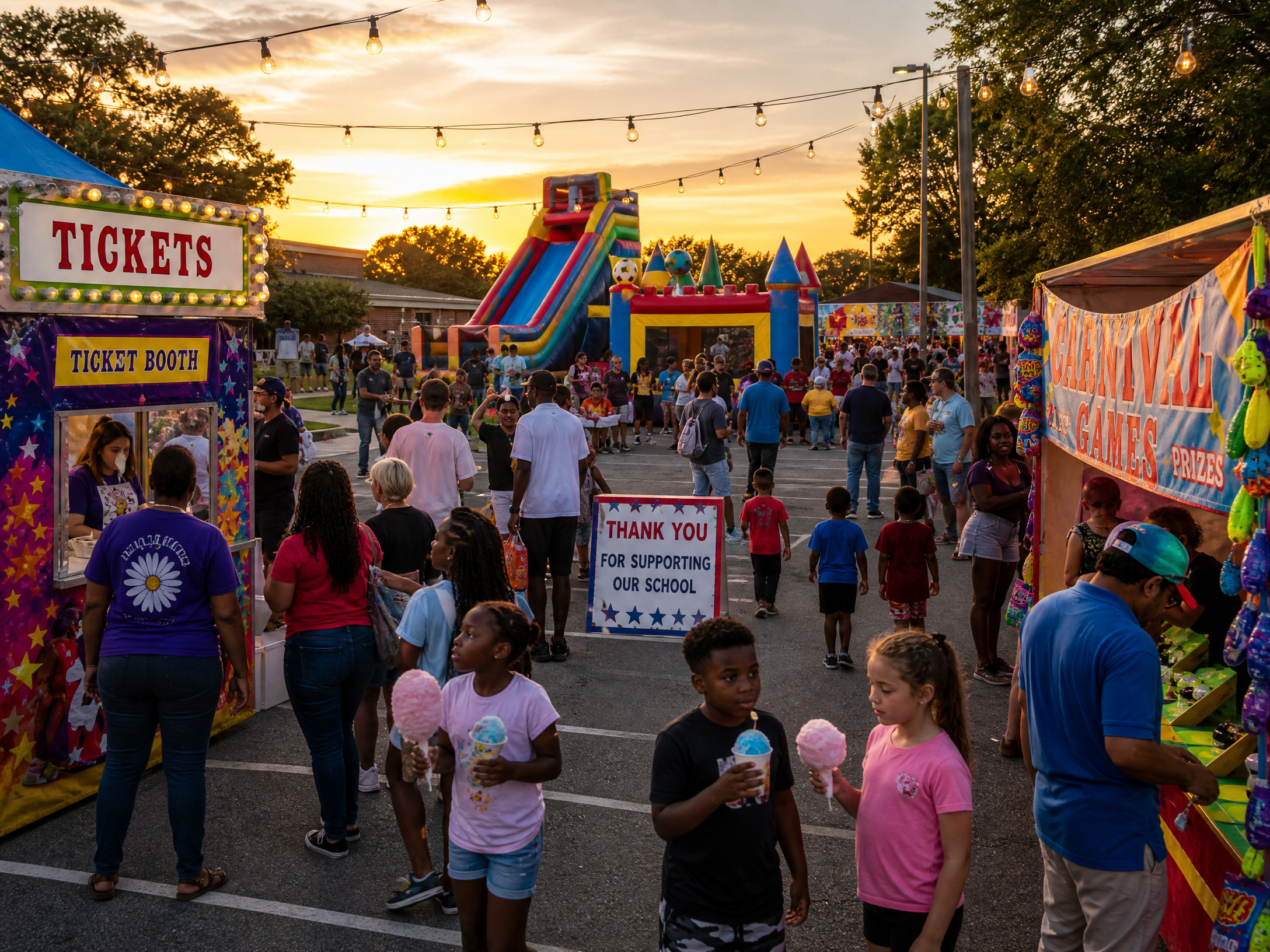 School carnival fundraiser with inflatables, ticket booth, and families