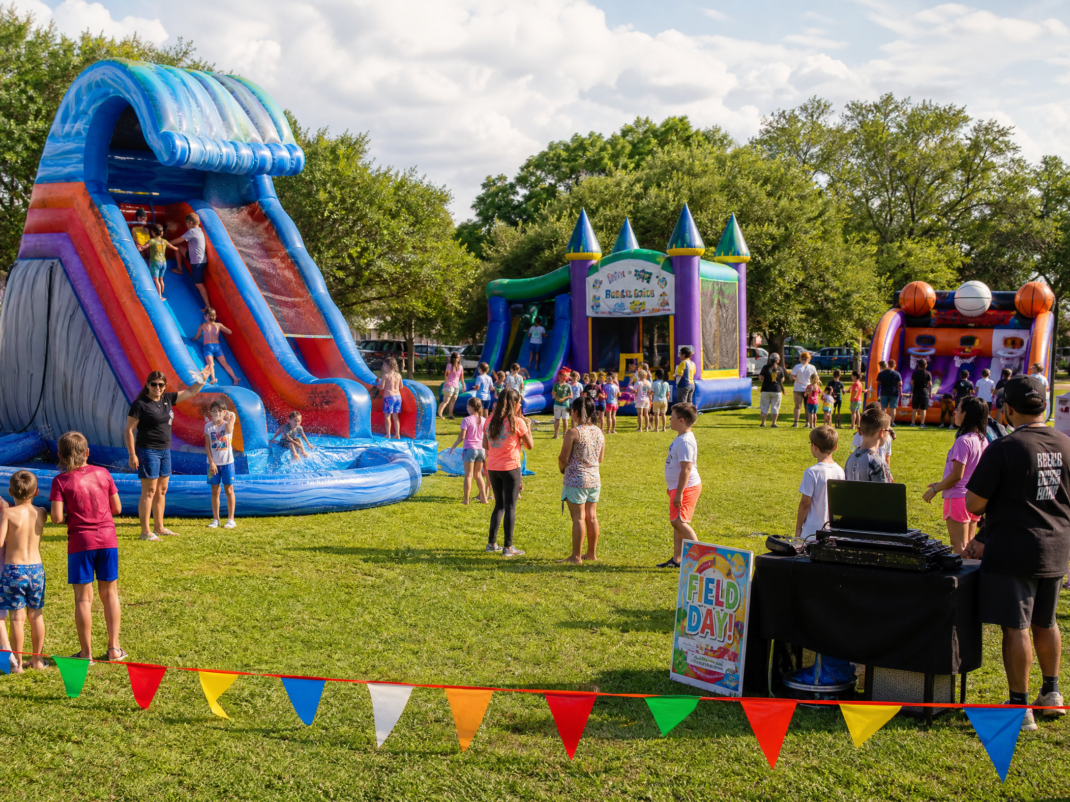 End-of-year school celebration with water slides and bounce houses on field