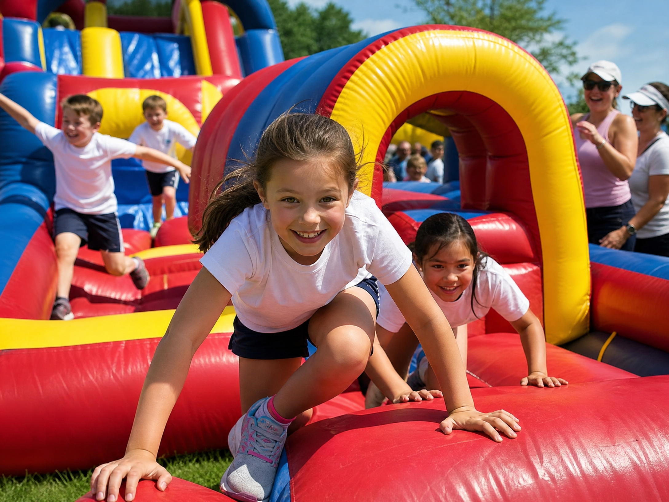 Elementary school field day with kids racing through inflatable obstacle course