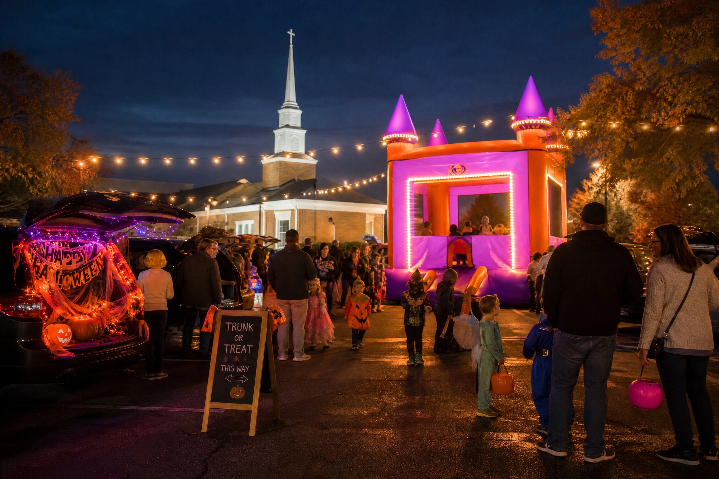 Church trunk-or-treat event with LED-lit bounce house in parking lot