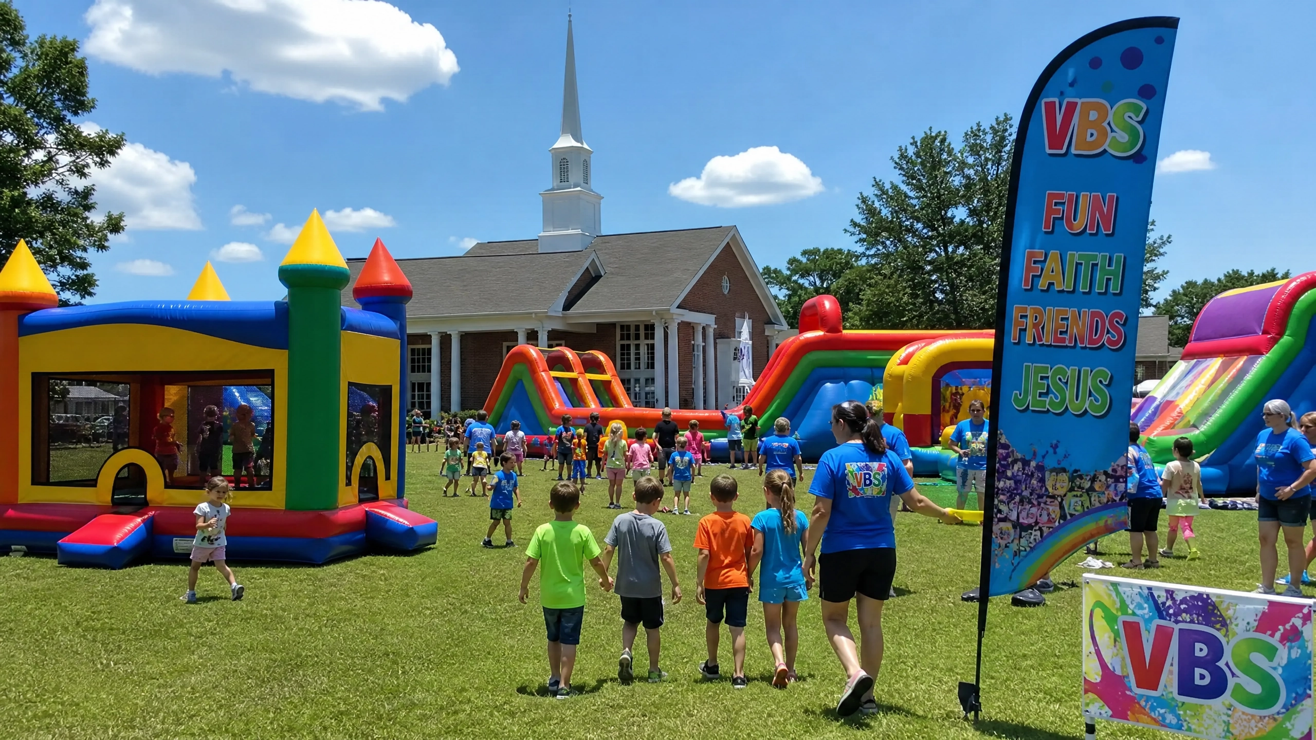 Vacation Bible School event with bounce houses and obstacle courses on church lawn