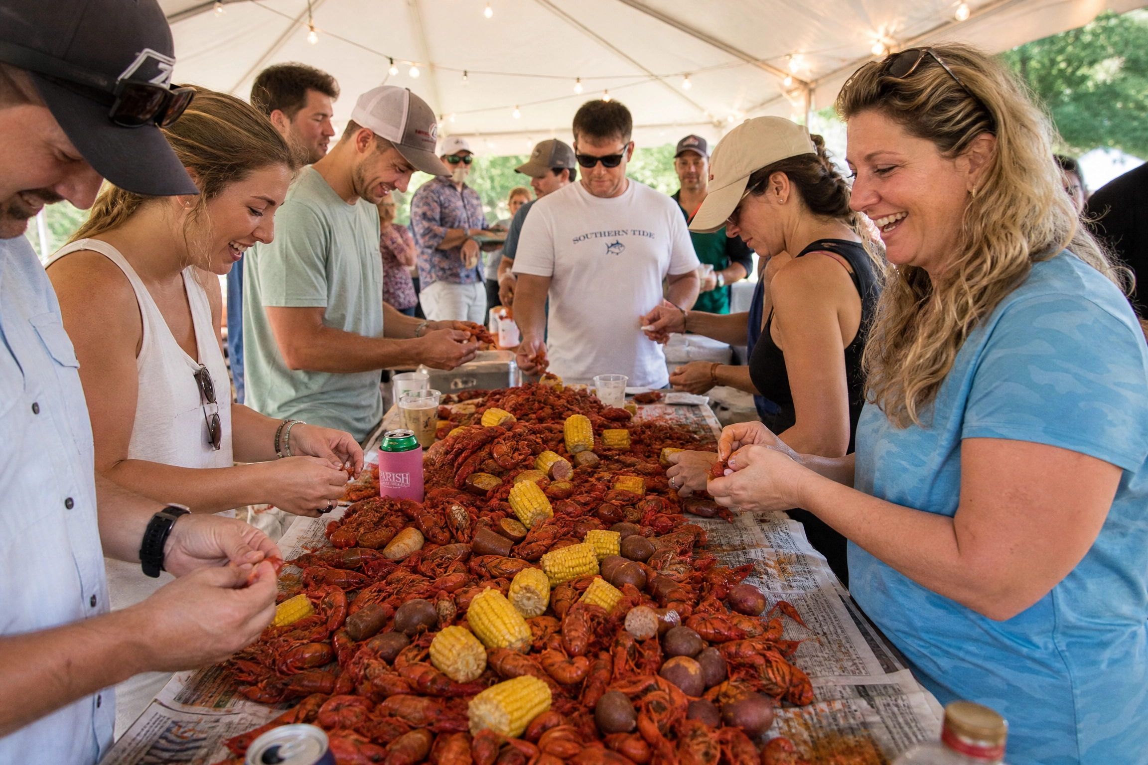 Crawfish boil under a white frame tent with people eating at tables