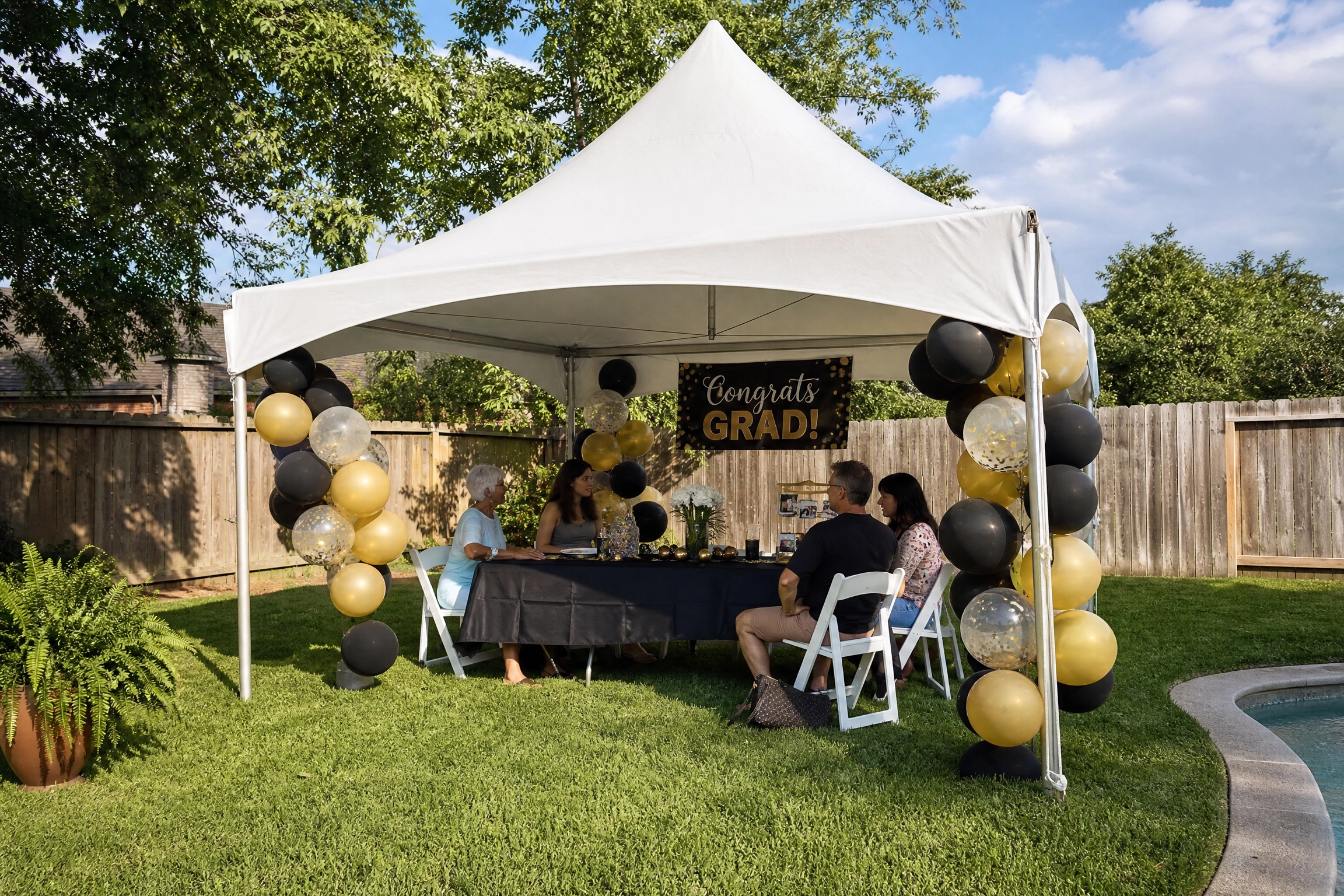 Backyard graduation party under a white frame tent