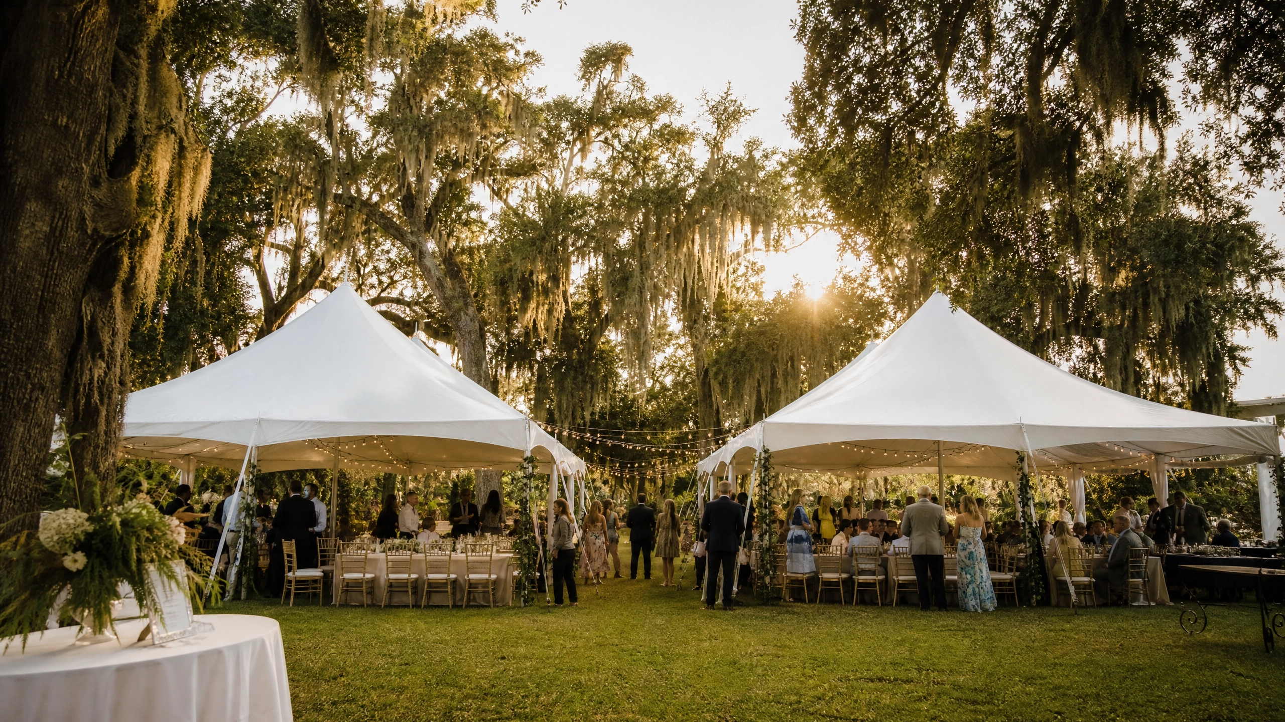 Large corporate event with multiple white frame tents in a Louisiana park